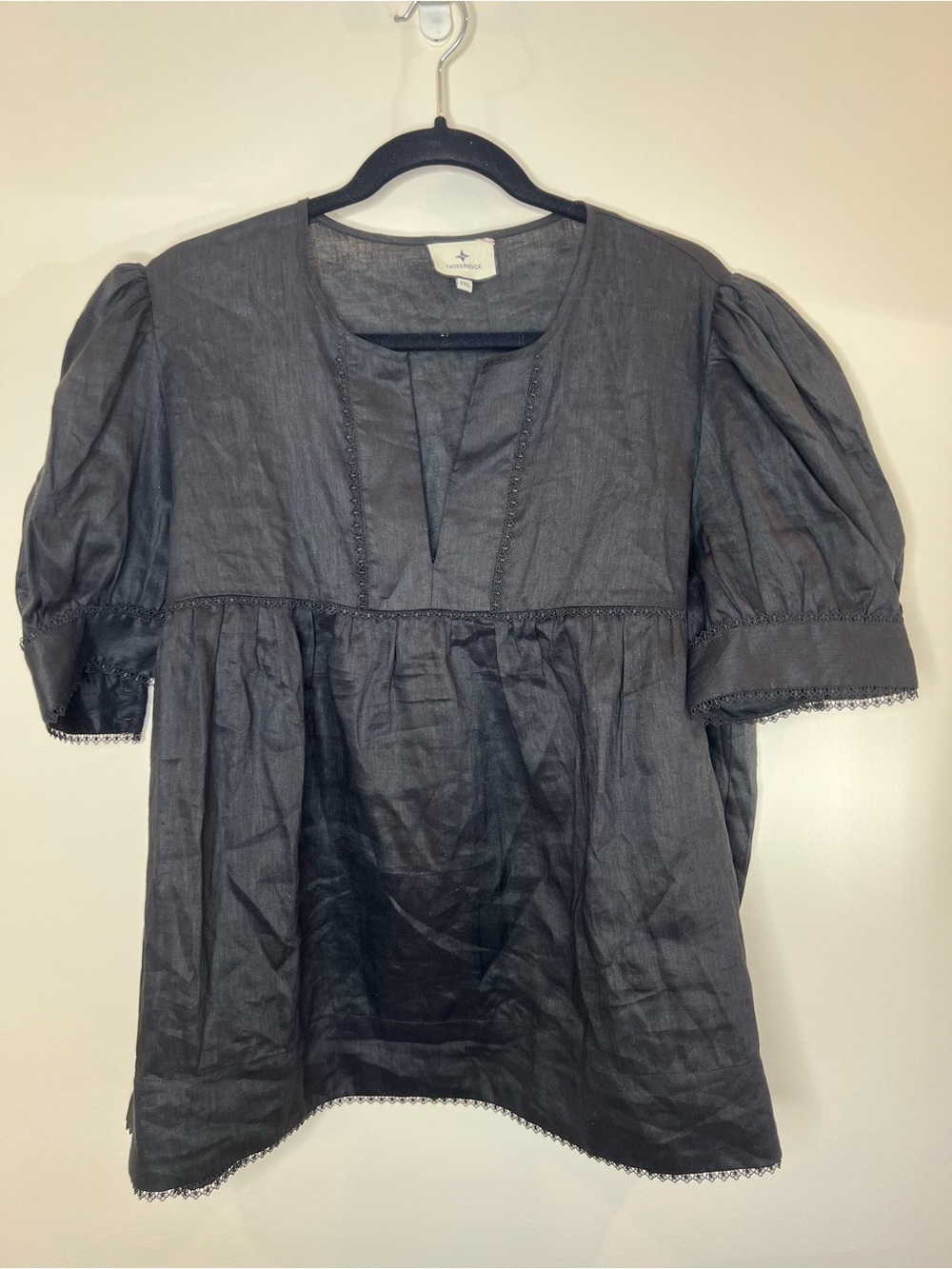 Tuckernuck Black Top Blouse Puff Sleeve Linen Peasant Romantic Boho Pop Over XXL